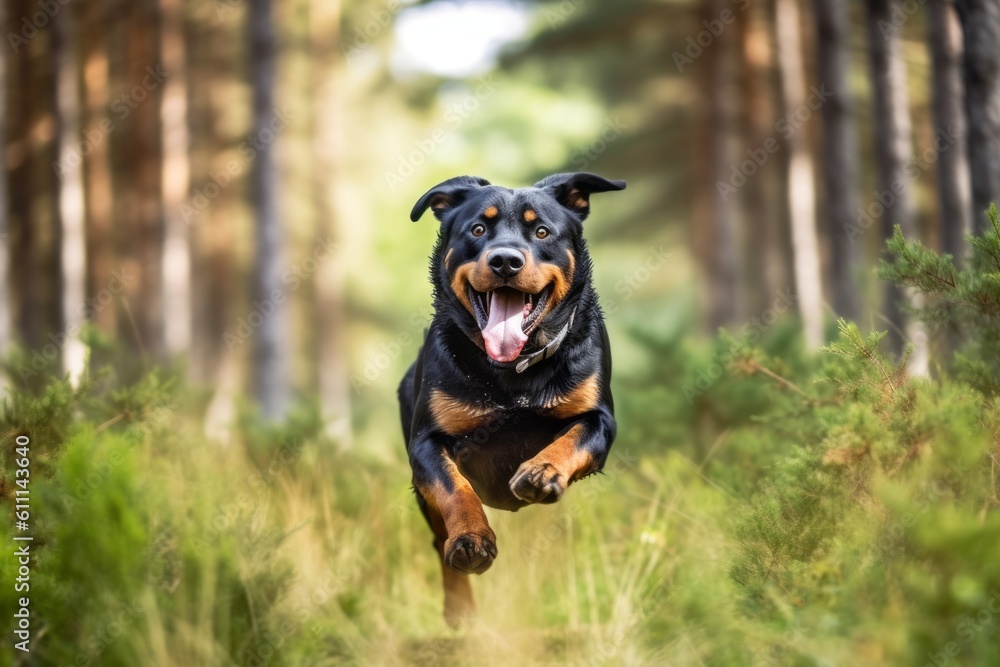 Full-length portrait photography of a smiling rottweiler running against forests and woodlands background. With generative AI technology