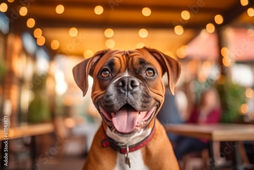 Environmental portrait photography of a happy boxer dog being at a dog-friendly restaurant against botanical gardens background. With generative AI technology
