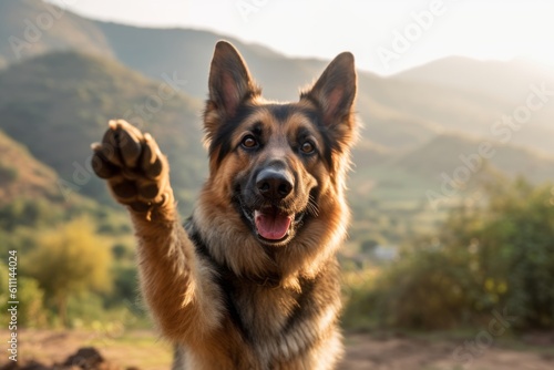 Lifestyle portrait photography of a happy german shepherd giving the paw against mountains and hills background. With generative AI technology © Markus Schröder