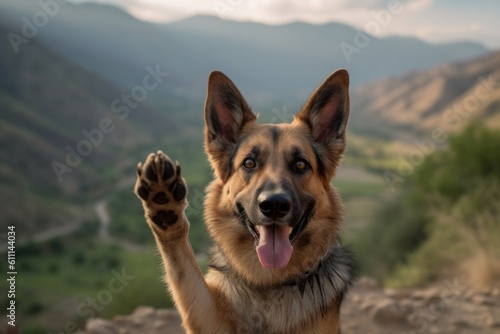 Lifestyle portrait photography of a happy german shepherd giving the paw against mountains and hills background. With generative AI technology