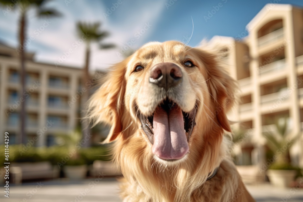 Close-up portrait photography of a happy golden retriever scratching nose against pet-friendly hotels and resorts background. With generative AI technology