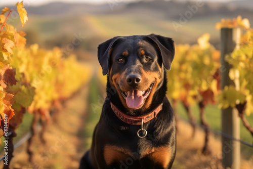 Environmental portrait photography of a happy rottweiler wearing a winter coat against vineyards and wineries background. With generative AI technology