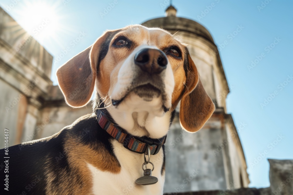 Medium shot portrait photography of a funny beagle scratching ears against historic landmarks background. With generative AI technology