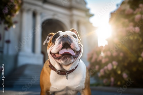 Lifestyle portrait photography of a happy bulldog having a butterfly on its nose against historic landmarks background. With generative AI technology © Markus Schröder