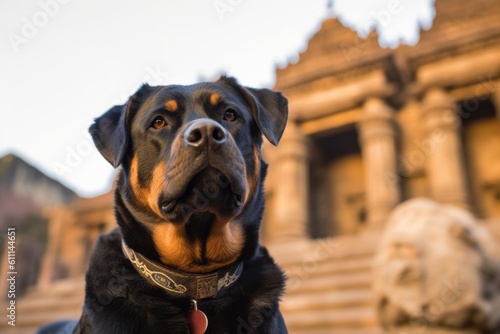 Medium shot portrait photography of a curious rottweiler being at a spa against historic landmarks background. With generative AI technology
