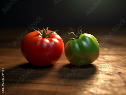 Green and red tomatoes on the wooden table in the kitchen. Close-up of fresh, village tomatoes.