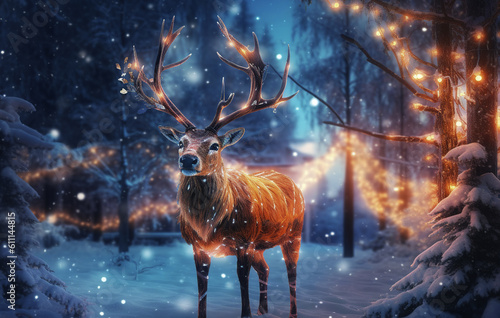 Magic festive reindeer covered in glowing lights in a winter, digital art. Generative AI.