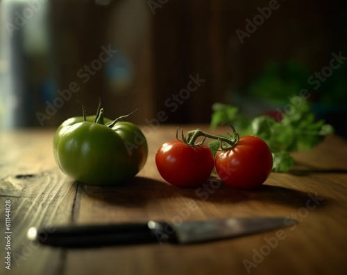 Green and red tomatoes on the wooden table in the kitchen. Close-up of fresh, village tomatoes.