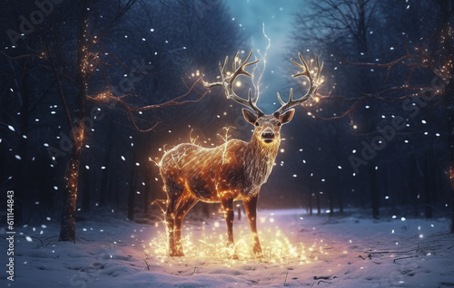 Magic festive reindeer covered in glowing lights in a winter, digital art. Generative AI. © Aimages