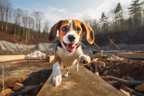 Medium shot portrait photography of a cute beagle jumping against zoos and wildlife sanctuaries background. With generative AI technology