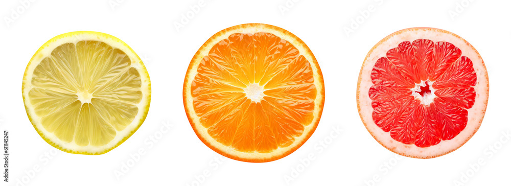 Obraz premium slices of citrus fruit set lemon orange grapefruit cut out collage elements isolated on transparent background created with Generative AI technology