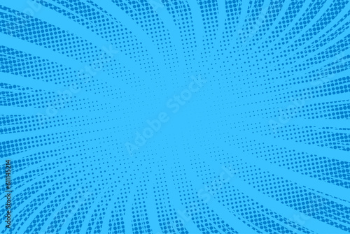 Blue comics background. Abstract lines backdrop. Bright sunrays. Design frames for title book. Texture explosive polka. Beams action. Pattern motion flash. Rectangle fast boom. Vector illustration