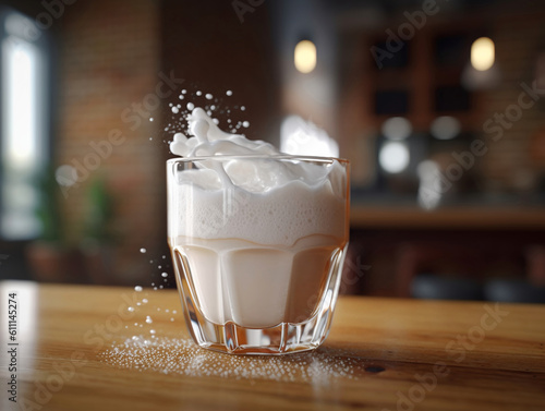 Foamy buttermilk on the wooden table. Ayran in a glass glass on the wooden table. Healthy drink ayran.