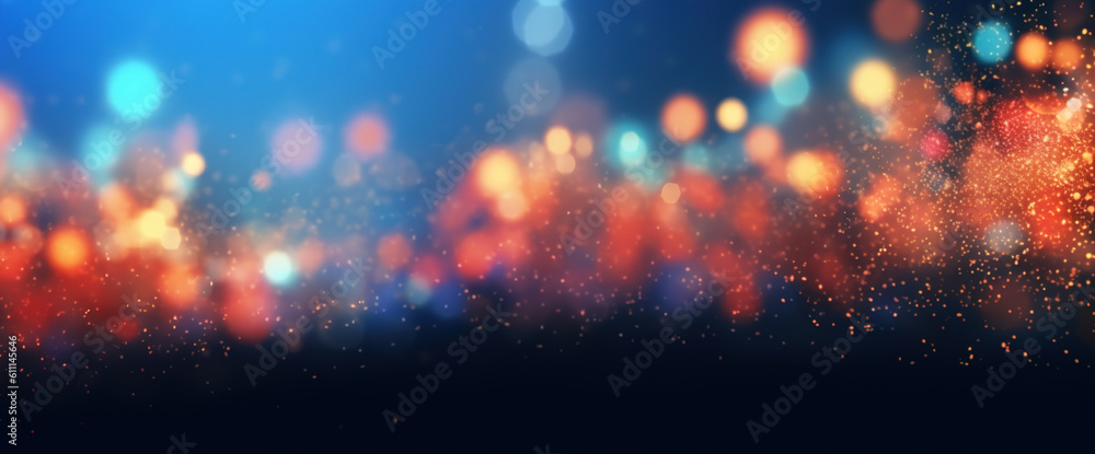 Blue sparkling background with falling sparkles. Smokey blue panorama banner with bronze bokeh light. Abstract Illustration. Generative Ai.
