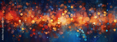 A blue background with orange defocused sparkles falling down. Abstract banner with smokey dark blue backdrop and illuminated bokeh particles in red and amber orange colors. Generative Ai.