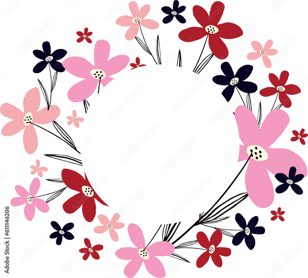 Round Creative vibrant floral frame, bright frame with wildflowers in juicy colors.
