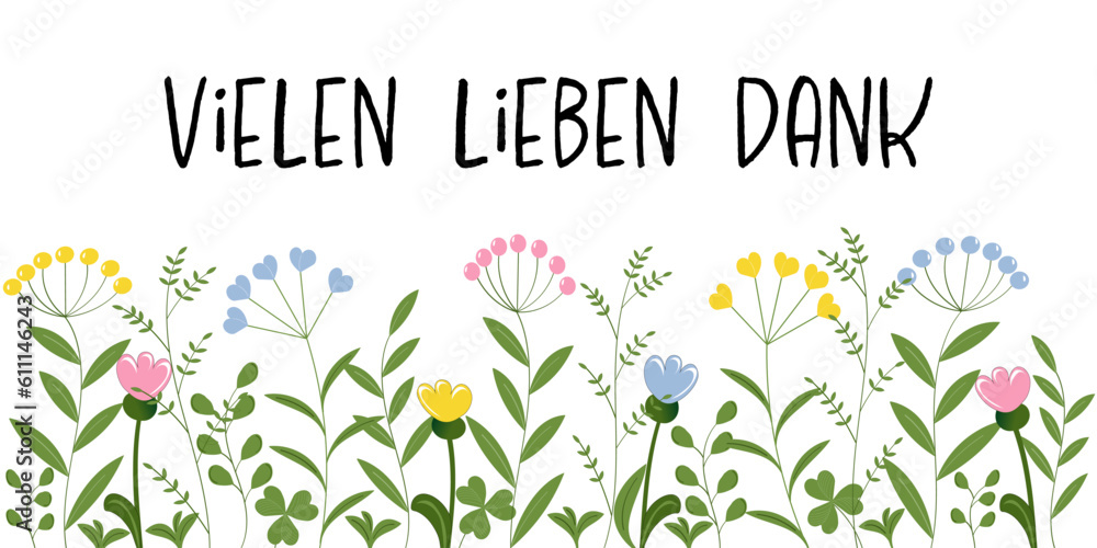 Vielen lieben Dank Schriftzug in deutscher Sprache. Danksagungskarte mit Blumen in