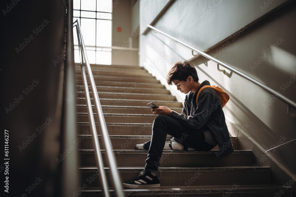 Student_sitting_on_staircase_at_school_with mobile. Generative IA