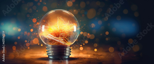 A lightbulb on a luminous bokeh background. Visual storytelling in light navy and light amber tones. A shining bulb on a blurred background as a symbol of a creative idea. Generative Ai.