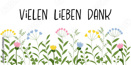 Vielen lieben Dank - Schriftzug in deutscher Sprache. Danksagungskarte mit Blumen in Pastellfarben.