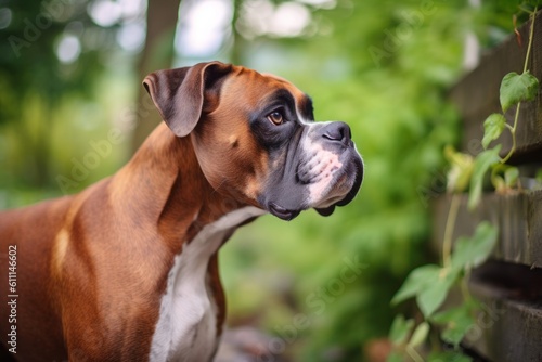 Lifestyle portrait photography of a curious boxer dog biting his tail against zoos and wildlife sanctuaries background. With generative AI technology © Markus Schröder