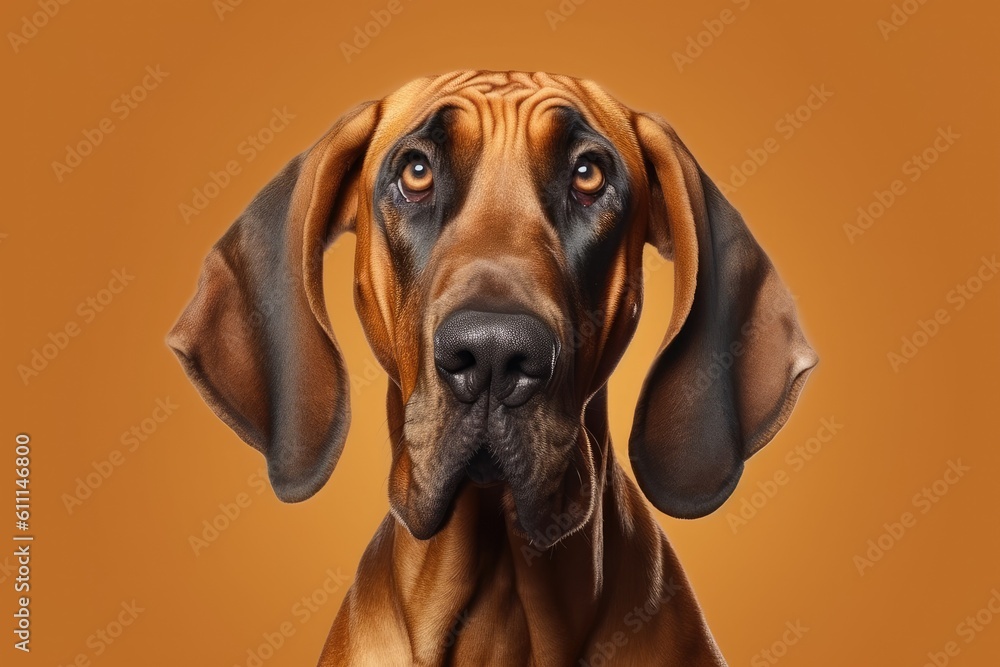 close-up portrait of a dog against a warm brown background. Generative AI