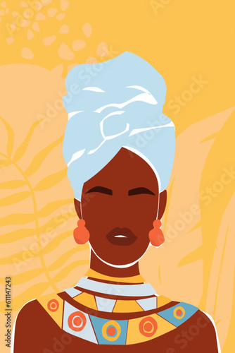 Abstract poster with a beautiful African woman. A girl in a turban on a background of exotic leaves. Vector graphics.