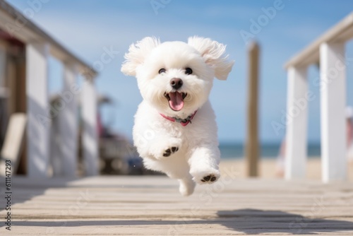 Papier peint Medium shot portrait photography of a cute bichon frise jumping against beach boardwalks background