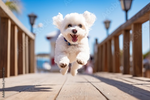 Slika na platnu Medium shot portrait photography of a cute bichon frise jumping against beach boardwalks background