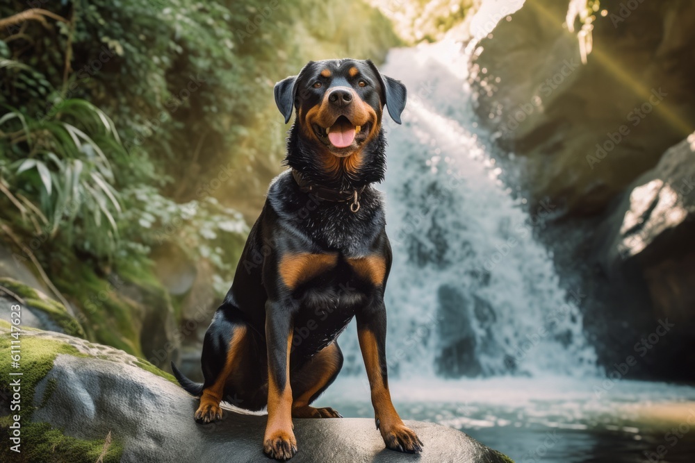 Medium shot portrait photography of a funny rottweiler standing on hind legs against waterfalls background. With generative AI technology