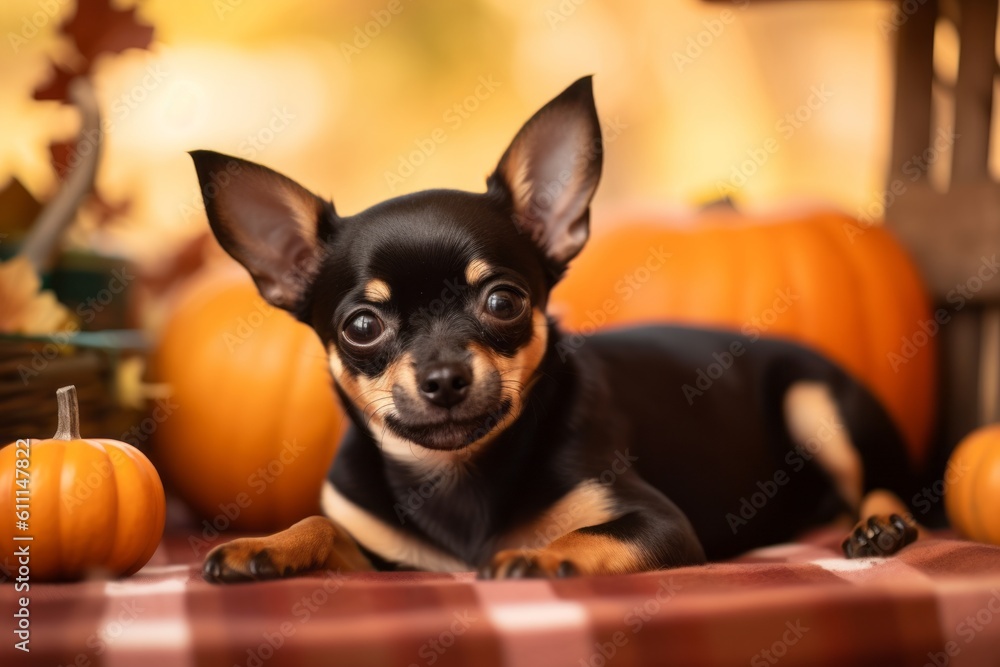 Medium shot portrait photography of a cute chihuahua lying down against pumpkin patches background. With generative AI technology Medium shot portrait photography of a cute chihuahua lying down against pumpkin patches background. With generative AI technology