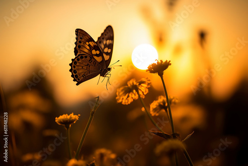 One butterfly stands silhouetted against a yellow sunset. AI generative