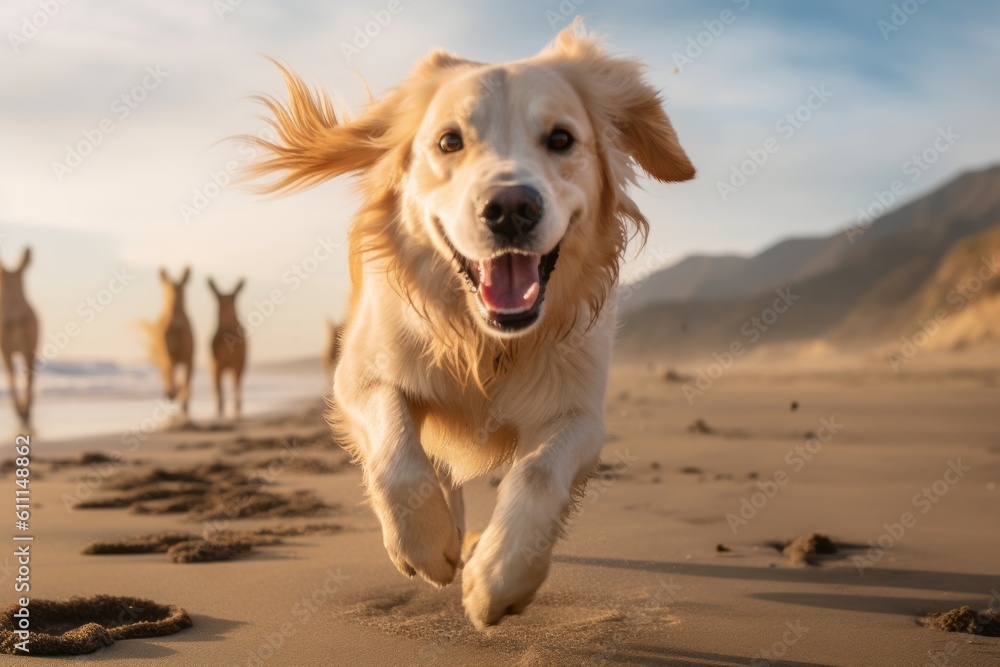 Full-length portrait photography of a happy golden retriever running on the beach against ghost towns background. With generative AI technology Full-length portrait photography of a happy golden retriever running on the beach against ghost towns background. With generative AI technology