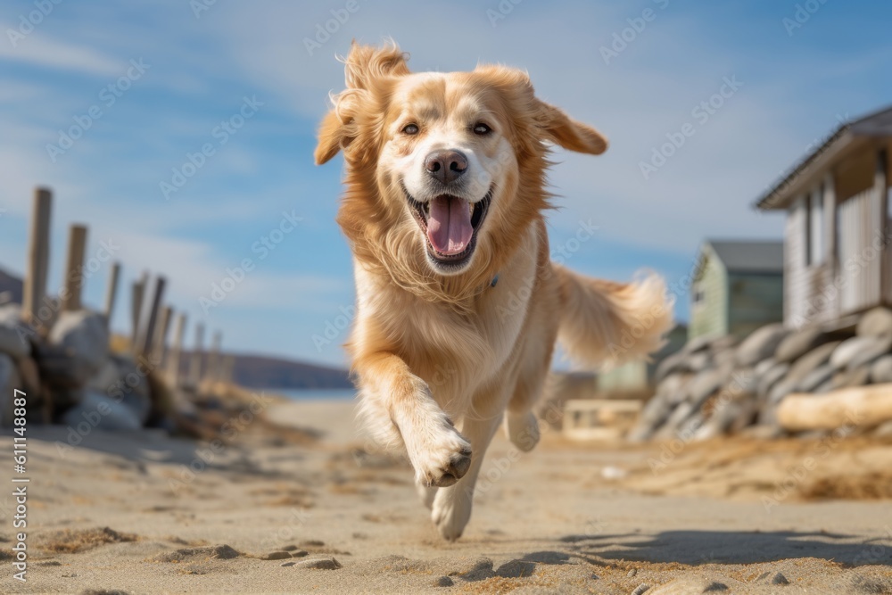 Full-length portrait photography of a happy golden retriever running on the beach against ghost towns background. With generative AI technology Full-length portrait photography of a happy golden retriever running on the beach against ghost towns background. With generative AI technology