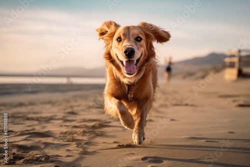 Full-length portrait photography of a happy golden retriever running on the beach against ghost towns background. With generative AI technology © Markus Schröder
