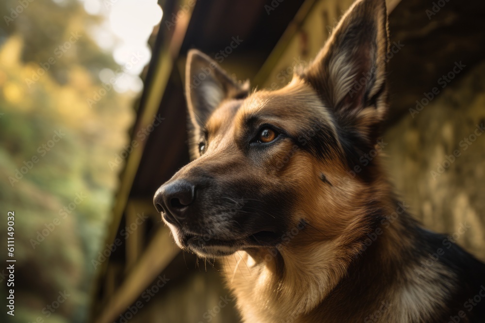 Close-up portrait photography of a cute german shepherd sniffing against natural arches and bridges background. With generative AI technology