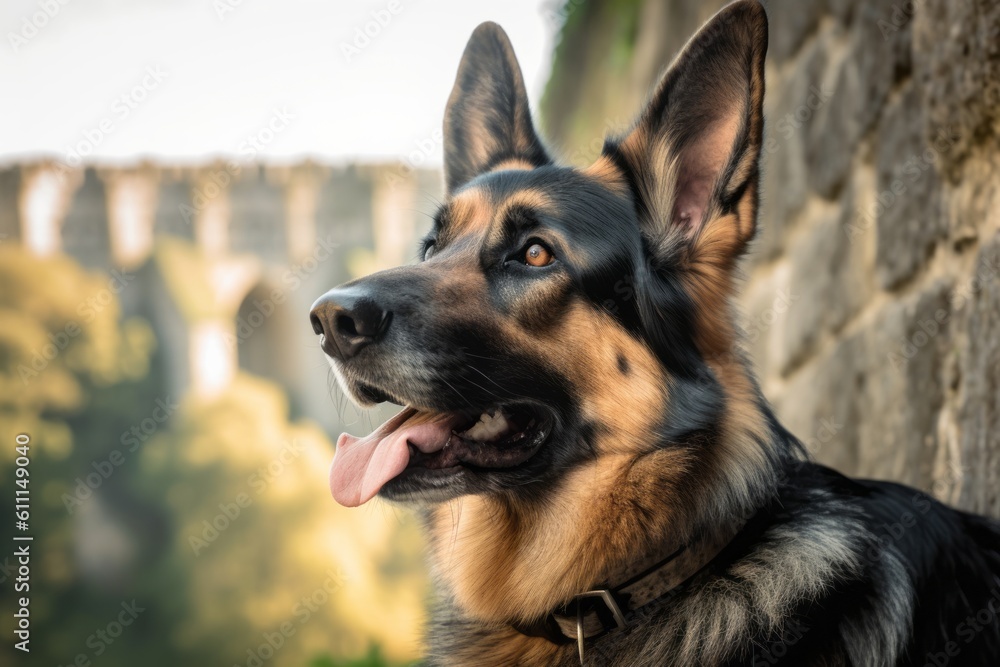Close-up portrait photography of a cute german shepherd sniffing against natural arches and bridges background. With generative AI technology