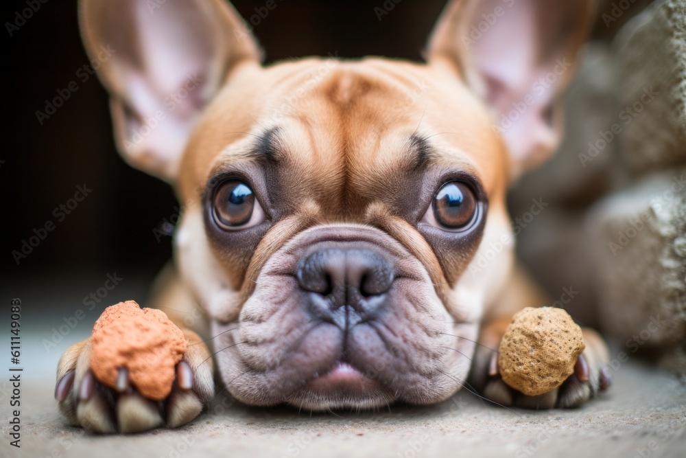 Close-up portrait photography of a cute french bulldog having a toy in its mouth against natural arches and bridges background. With generative AI technology