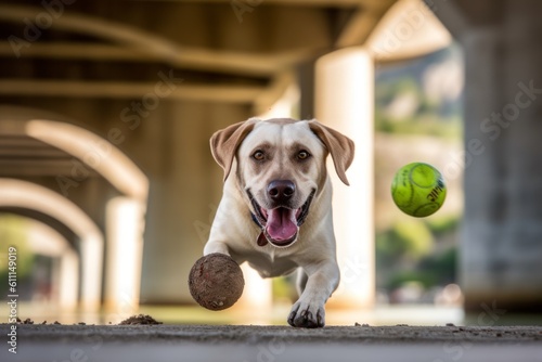 Medium shot portrait photography of a funny labrador retriever playing with a ball against natural arches and bridges background. With generative AI technology