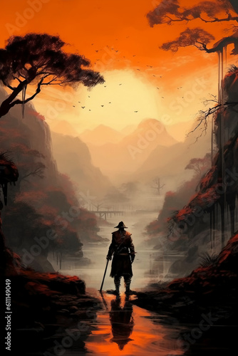 Silhouette of a warrior in front of a mountain. AI generative