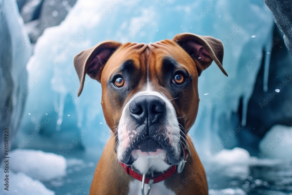 Environmental portrait photography of a curious boxer dog having a smoothie against glaciers and ice caves background. With generative AI technology Environmental portrait photography of a curious boxer dog having a smoothie against glaciers and ice caves background. With generative AI technology