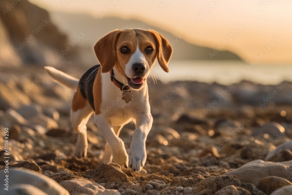 Close-up portrait photography of a cute beagle chasing his tail against seaside cliffs background. With generative AI technology