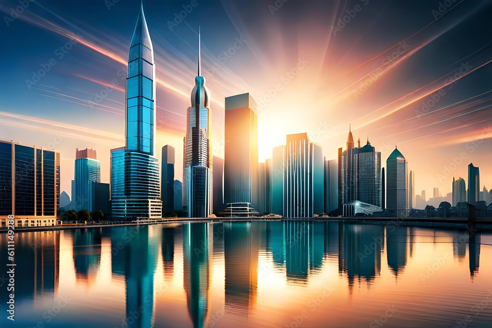  abstract background with a futuristic cityscape, featuring towering skyscrapers, futuristic transportation systems