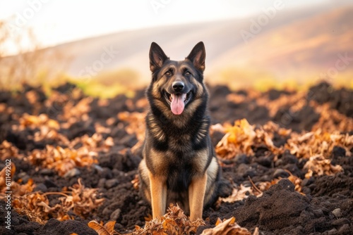 Full-length portrait photography of a funny german shepherd playing in a pile of leaves against volcanoes and lava fields background. With generative AI technology