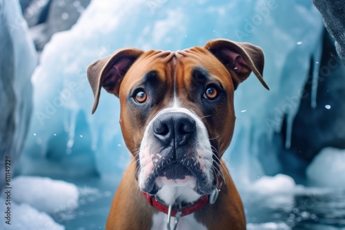 Environmental portrait photography of a curious boxer dog having a smoothie against glaciers and ice caves background. With generative AI technology