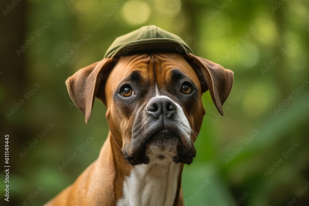 Lifestyle portrait photography of a cute boxer dog wearing a cap against bamboo forests background. With generative AI technology