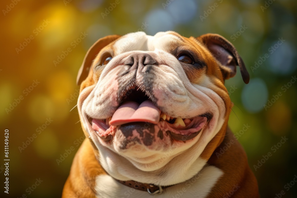 Studio portrait photography of a smiling bulldog sniffing against birdwatching spots background. With generative AI technology