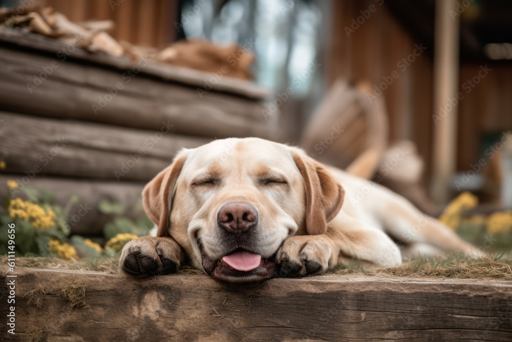 Medium shot portrait photography of a smiling labrador retriever sleeping against horse stables and riding trails background. With generative AI technology Medium shot portrait photography of a smiling labrador retriever sleeping against horse stables and riding trails background. With generative AI technology