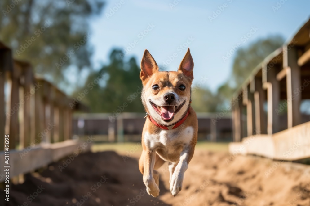 Environmental portrait photography of a smiling chihuahua swinging against horse stables and riding trails background. With generative AI technology