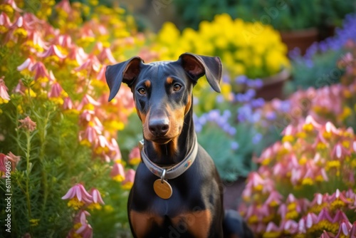 Fotografia Medium shot portrait photography of a curious doberman pinscher holding a watering can against colorful flower gardens background